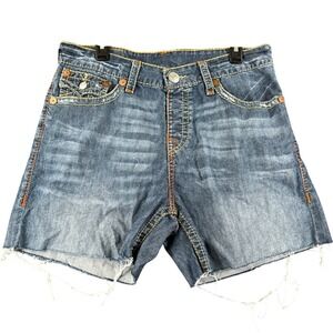 True Religion Denim Swim Shorts Mens 34 Blue Contrast Stitch Mesh Lined Raw Hem